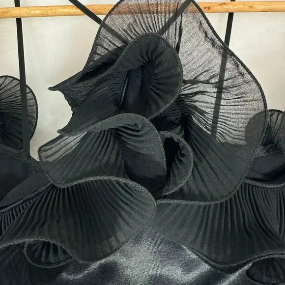 ZARA 80s Cocktail Flared Satin Effect Black Ruffled Halter Jumpsuit Size L - Picture 5 of 9